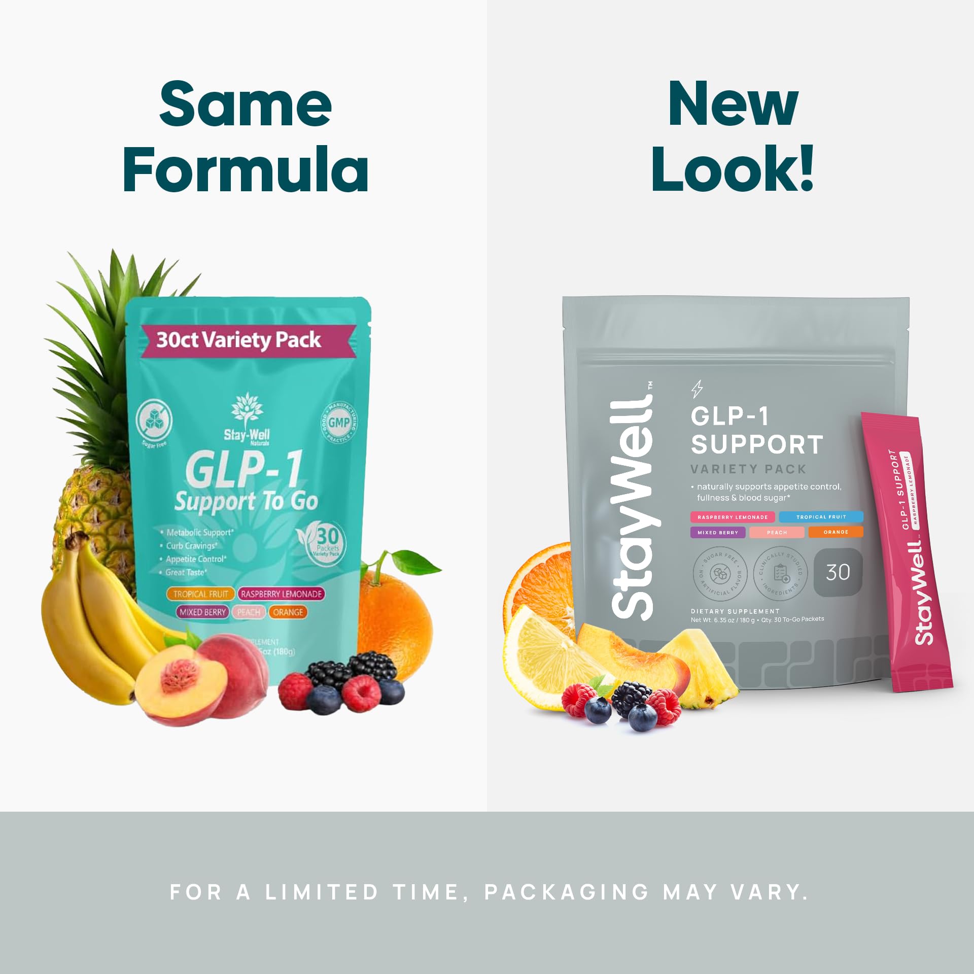Stay-Well Naturals GLP-1 drink mix sachets with Yerba Mate and Garcinia Cambogia.