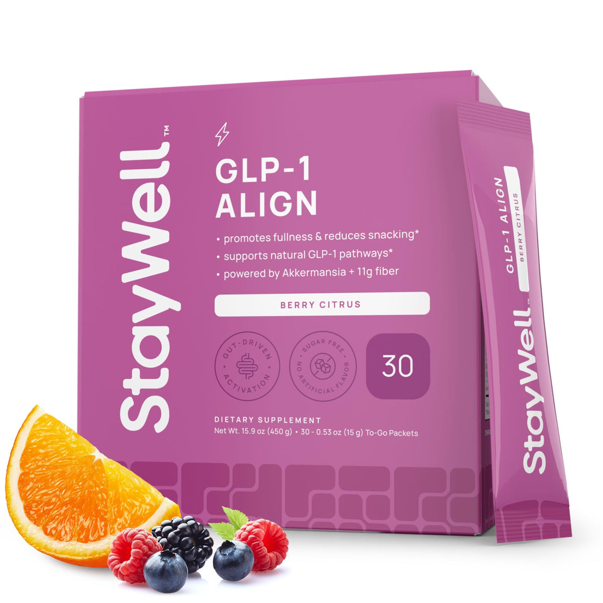 Stay-Well Naturals GLP-1 Probiotic Berry Citrus packaging showing natural ingredients and design for easy daily use