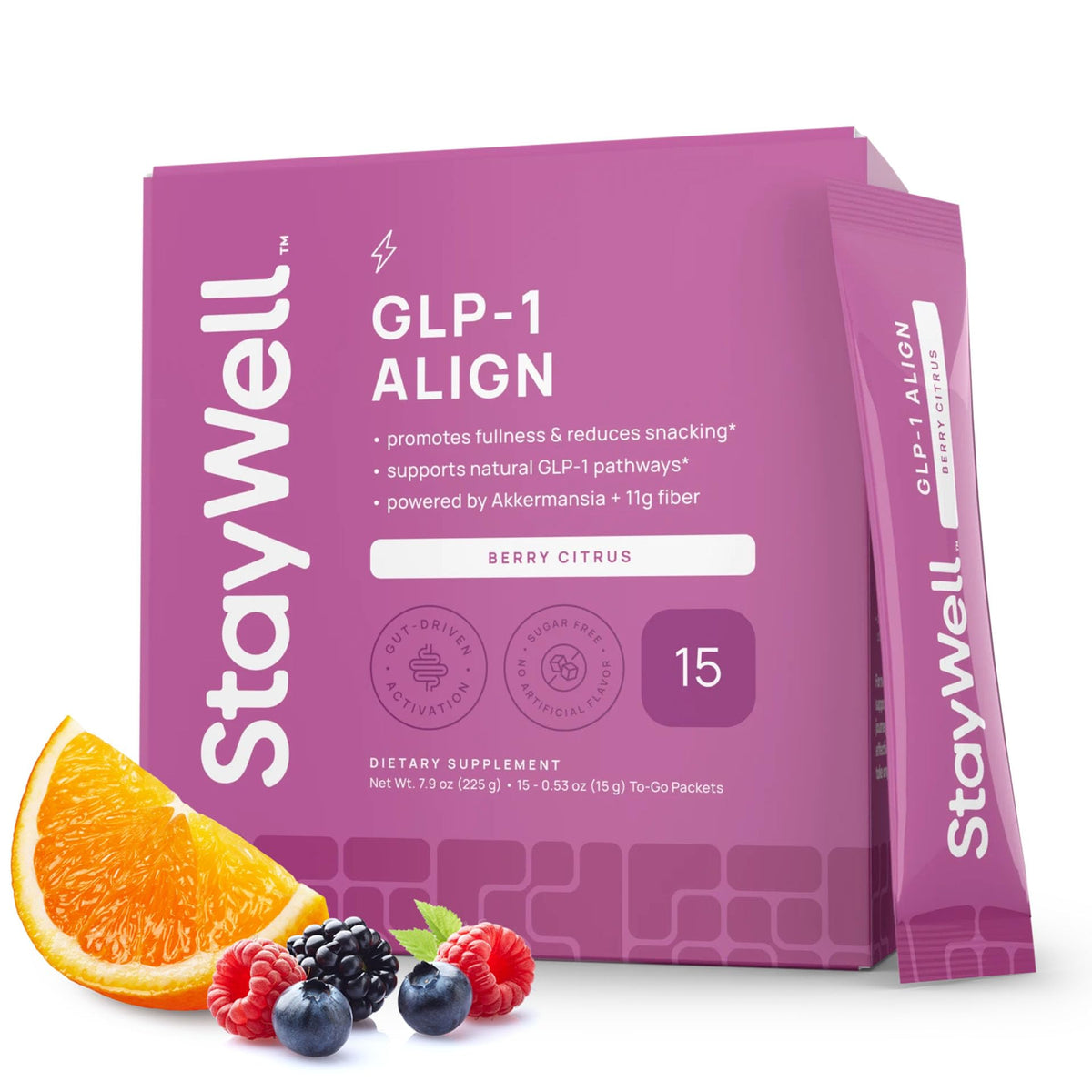 Stay-Well Naturals GLP-1 Probiotic bottle with berry citrus flavor for daily gut support.