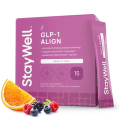 Stay-Well Naturals GLP-1 Probiotic bottle with berry citrus flavor for daily gut support.