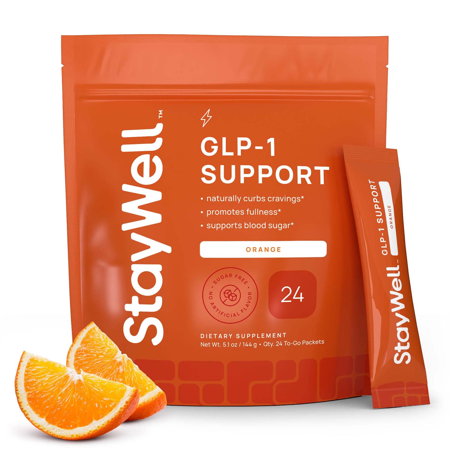 Stay-Well Naturals GLP-1 supplement bottle label highlighting appetite support.