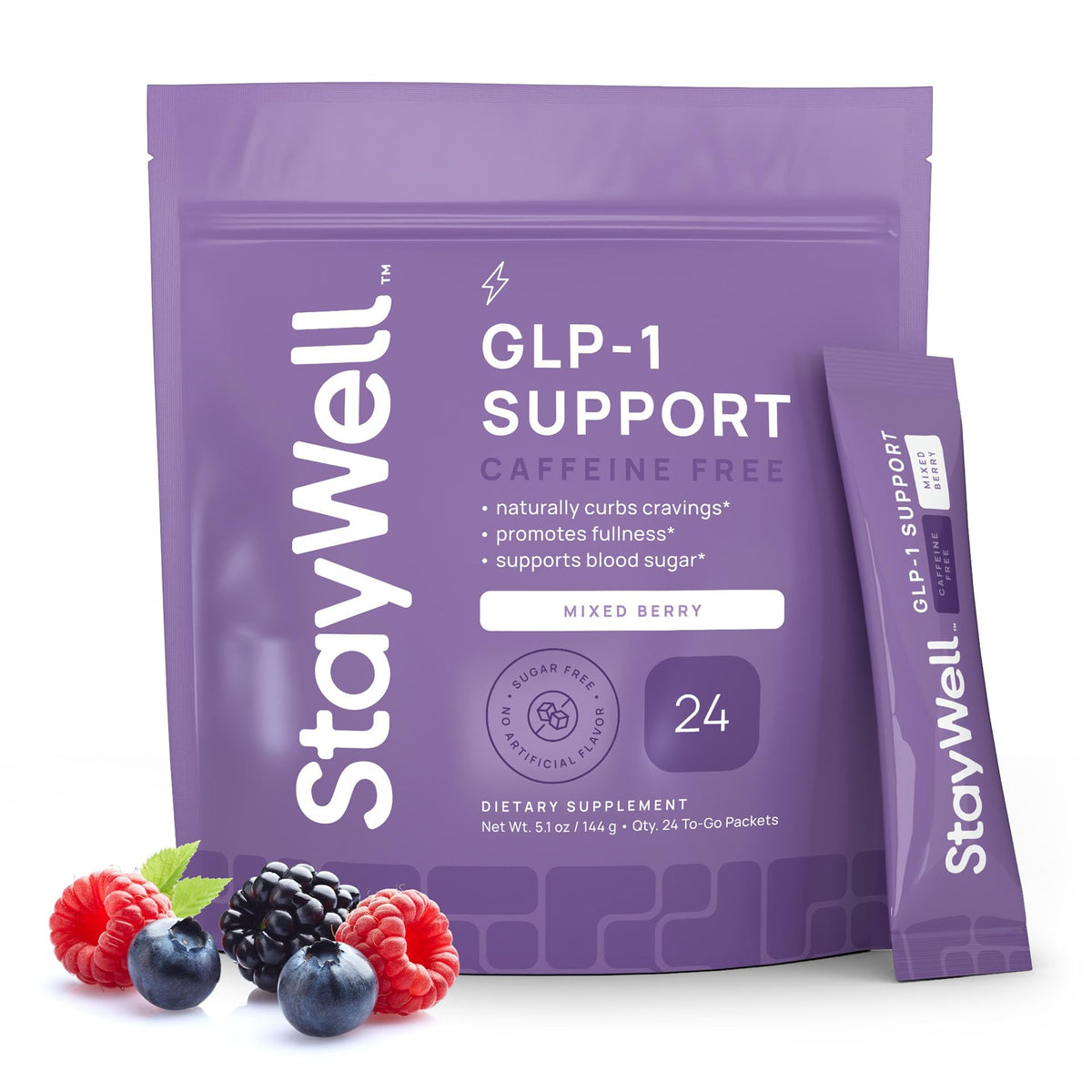 Stay-Well Naturals GLP-1 bottle for convenient daily drink mix and appetite awareness.