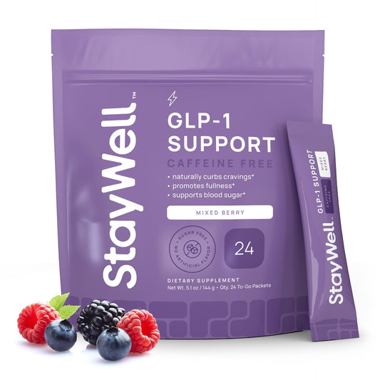Stay-Well Naturals GLP-1 bottle for convenient daily drink mix and appetite awareness.