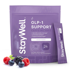 Stay-Well Naturals GLP-1 bottle for convenient daily drink mix and appetite awareness.