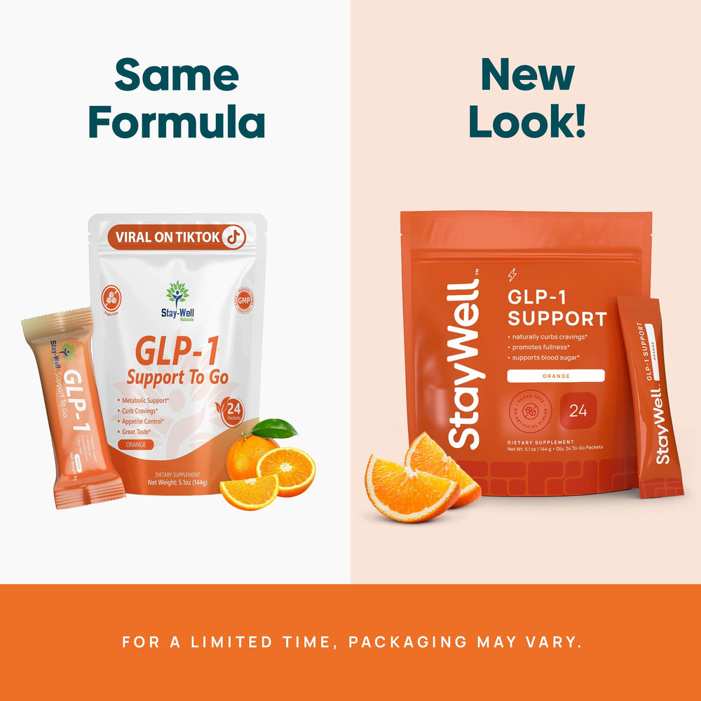 Stay-Well Naturals GLP-1 drink mix jar with orange flavor for cravings control.