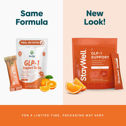 Stay-Well Naturals GLP-1 drink mix jar with orange flavor for cravings control.