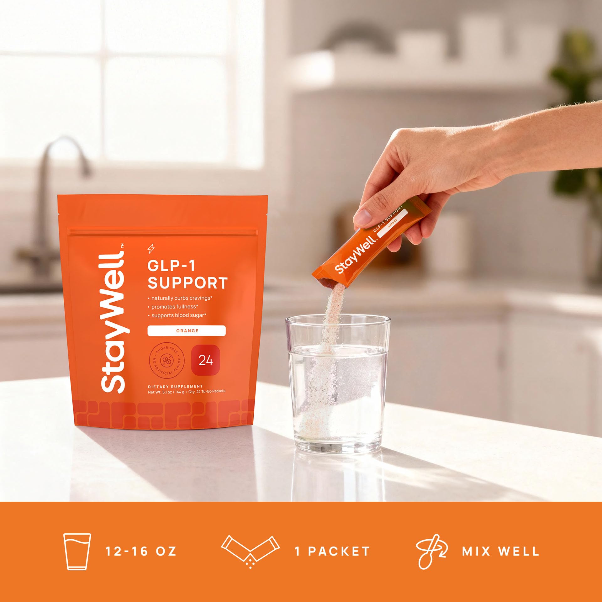 Stay-Well Naturals GLP-1 drink mix with orange flavor promoting appetite support.