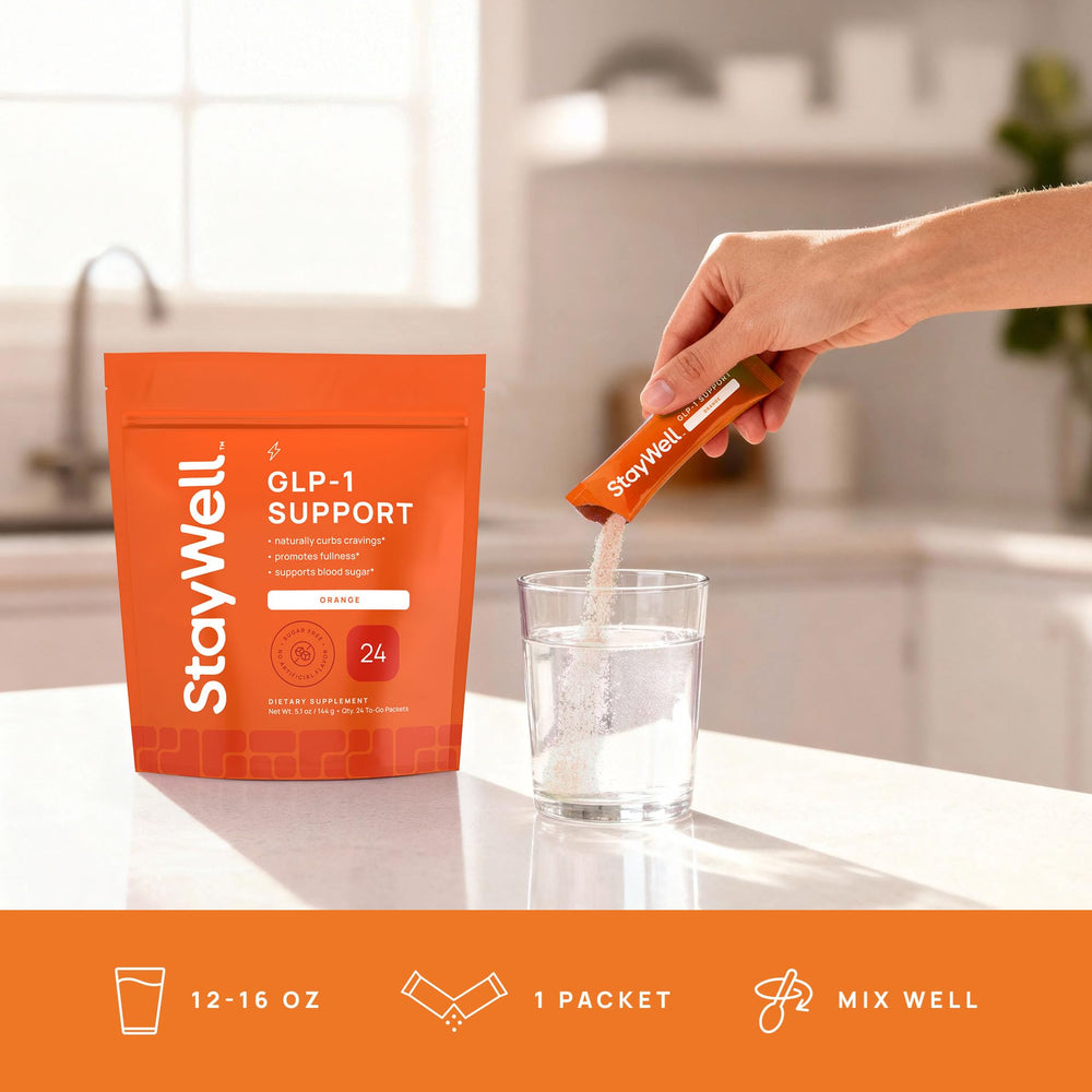 Stay-Well Naturals GLP-1 drink mix with orange flavor promoting appetite support.