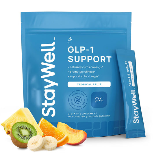 Stay-Well Naturals GLP-1 supplement tropical fruit mix bottle highlights flavorful, convenient metabolic support.