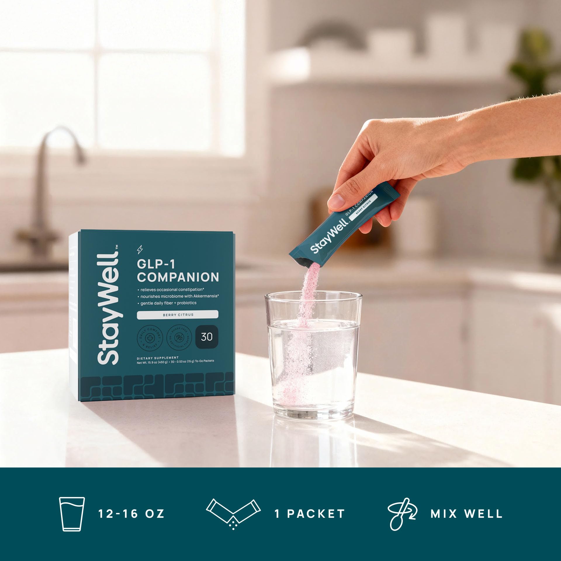 Stay-Well Naturals GLP-1 Berry Citrus glass ready for a refreshing digestive boost