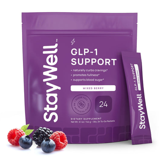 Stay-Well Naturals GLP-1 bottle being poured for appetite support.