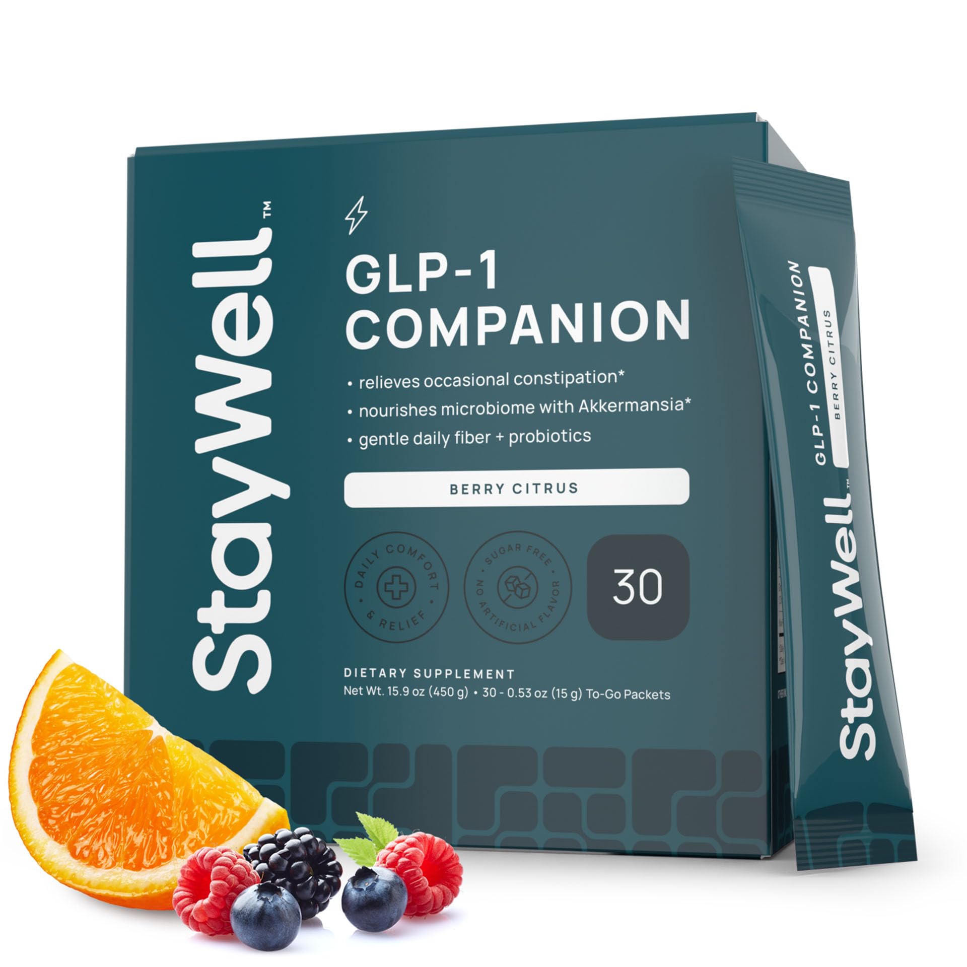 Stay-Well Naturals GLP-1 Constipation Support Berry Citrus tub — convenient daily gut health companion