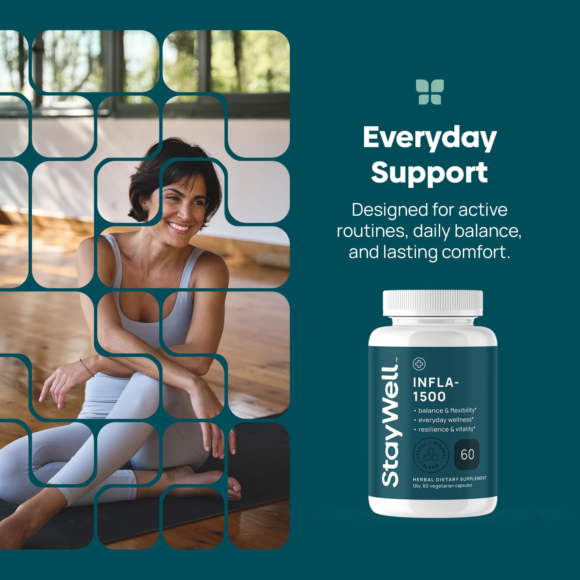 Stay-Well Naturals Infla-1500 bottle with capsules ready for daily use