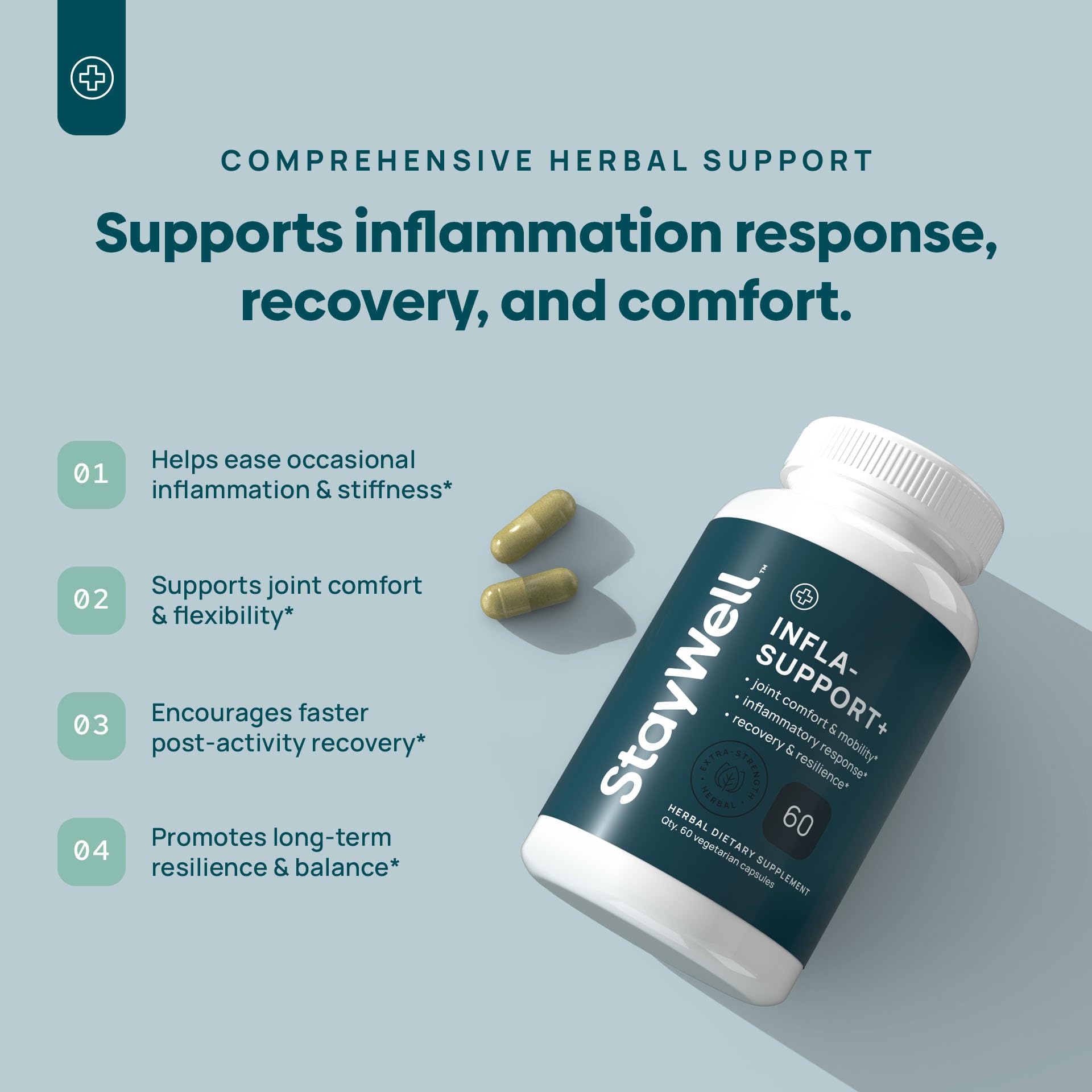 Stay-Well Naturals Infla-Support curcumin-ashwagadha blend close-up.