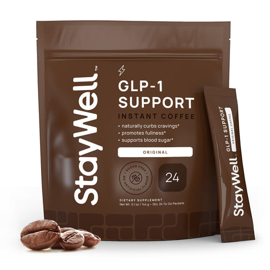 Stay-Well Naturals Slim Coffee GLP-1 bottle highlights appetite modulation in a blended drink