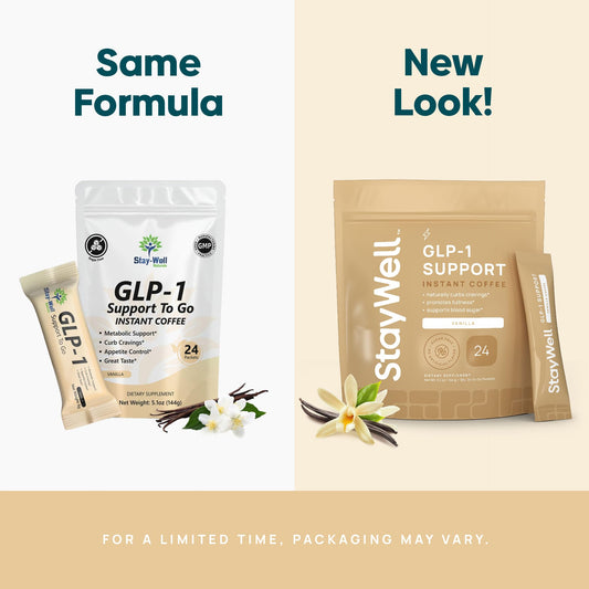 Stay-Well Naturals Slim Coffee GLP-1 Vanilla cup with steam hints at steady energy and flavor.