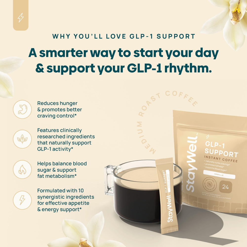 Stay-Well Naturals Slim Coffee GLP-1 Vanilla measuring scoop ready for quick pre-meal mixing.