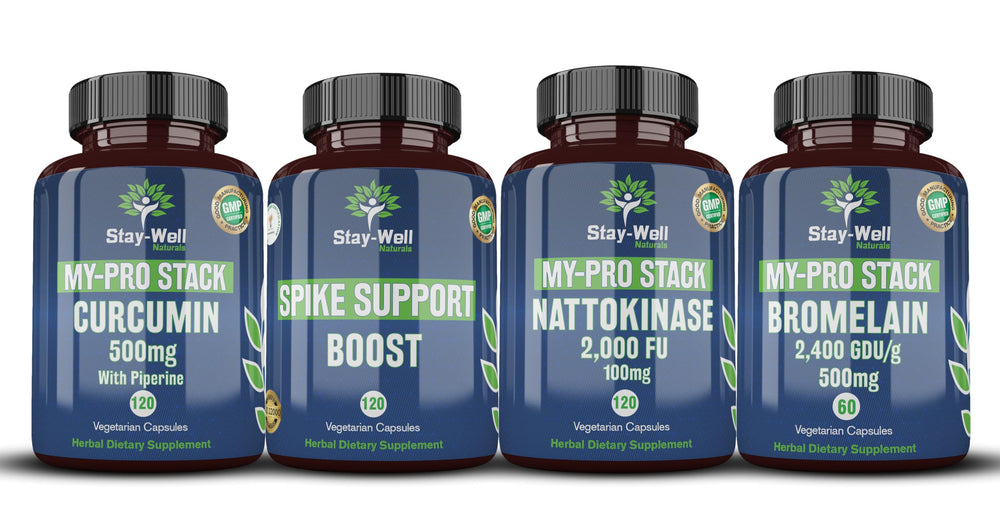 Stay-Well Naturals Spike Support bottle highlights nattokinase for immune support and circulatory health.