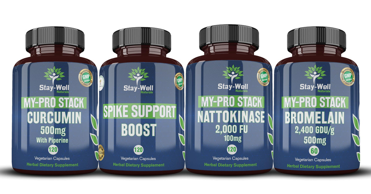 Stay-Well Naturals Spike Support bottle highlights nattokinase for immune support and circulatory health.