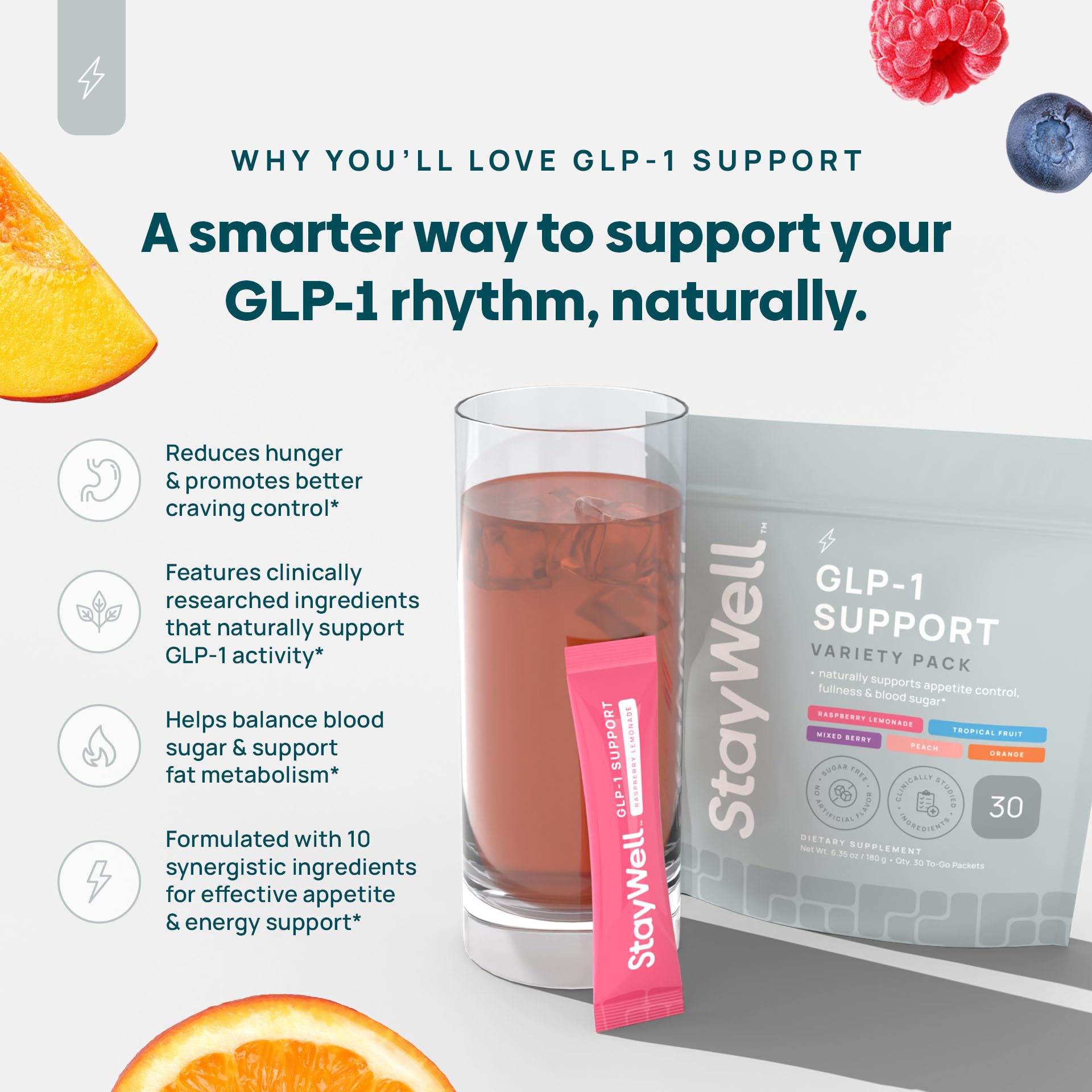 Close-up of Stay-Well Naturals GLP-1 drink mix with Yerba Mate and Ceylon Cinnamon.