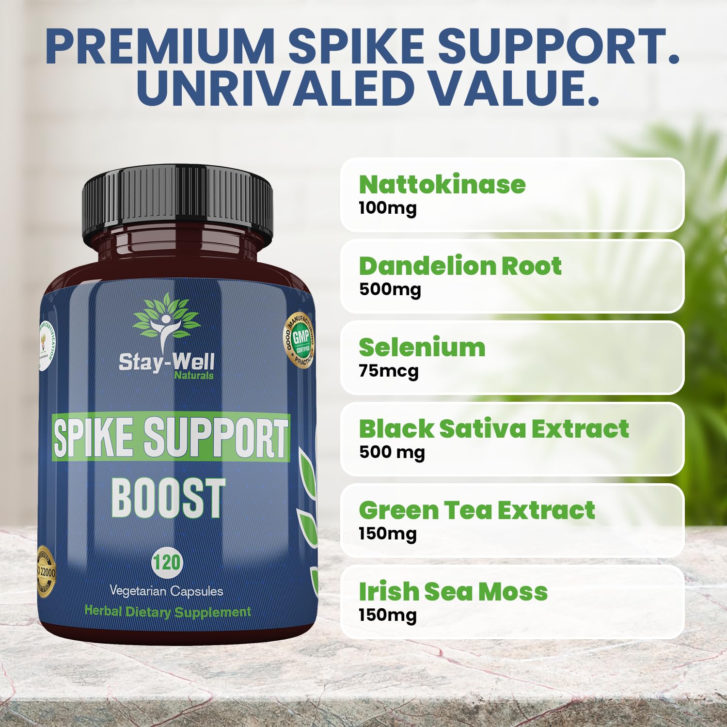 Stay-Well Naturals Bromelain and Curcumin visual highlights enhanced absorption and immune support.