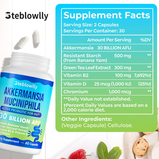 Steblowlly Akkermansia probiotic capsules close-up showing easy-to-swallow delayed-release capsules.