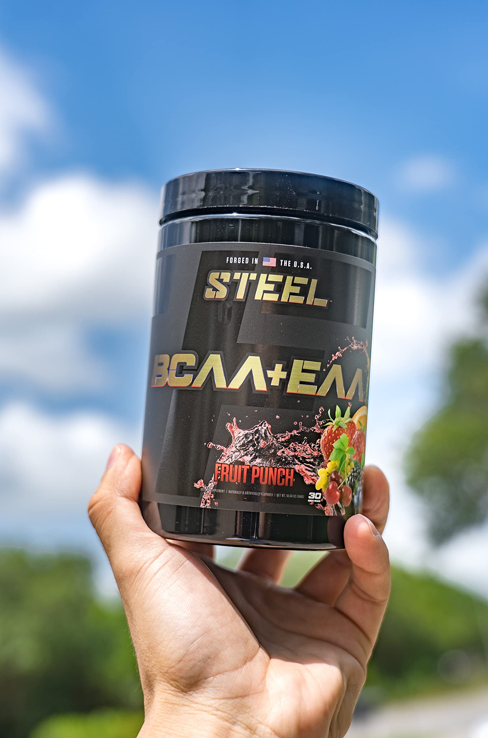 Steel Supplements BCAA EAA powder mixed in glass for endurance use.