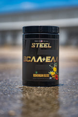 Bohemian Bliss powder being poured into glass, promoting workout endurance