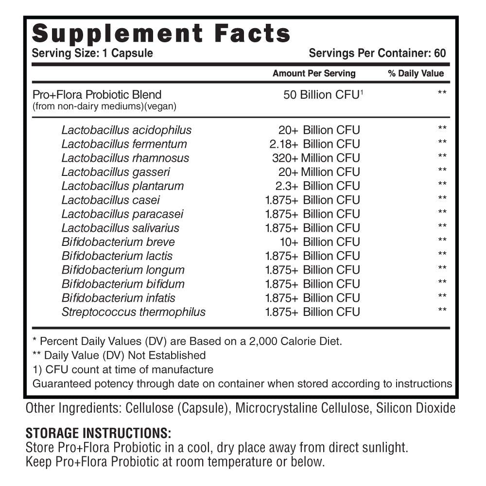 Steel Supplements Pro+Flora Probiotic bottle front label displays 14-strain formula