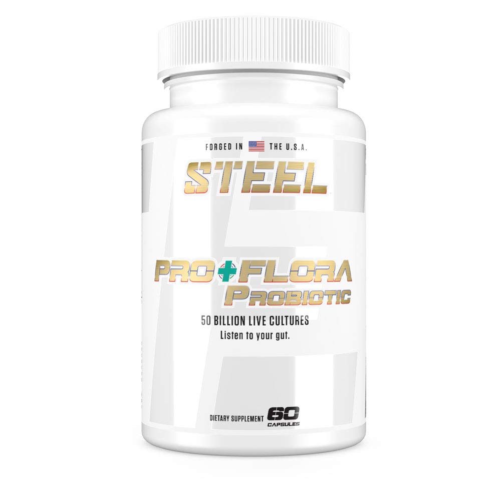 Steel Supplements Pro+Flora Probiotic bottle pour supports daily gut balance and immune health