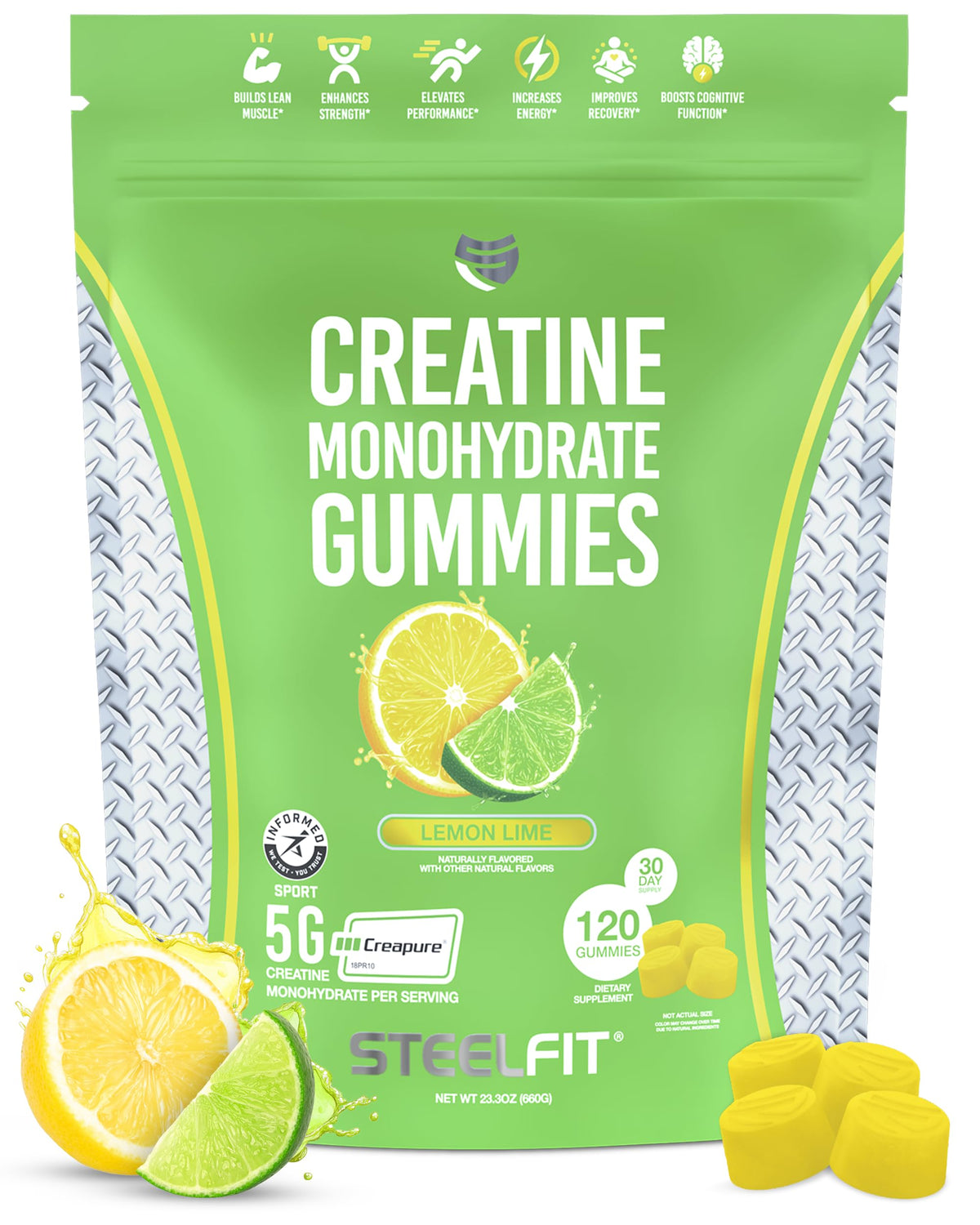 SteelFit Creapure Gummies Lemon Lime bottle boosts workouts with convenient energy.