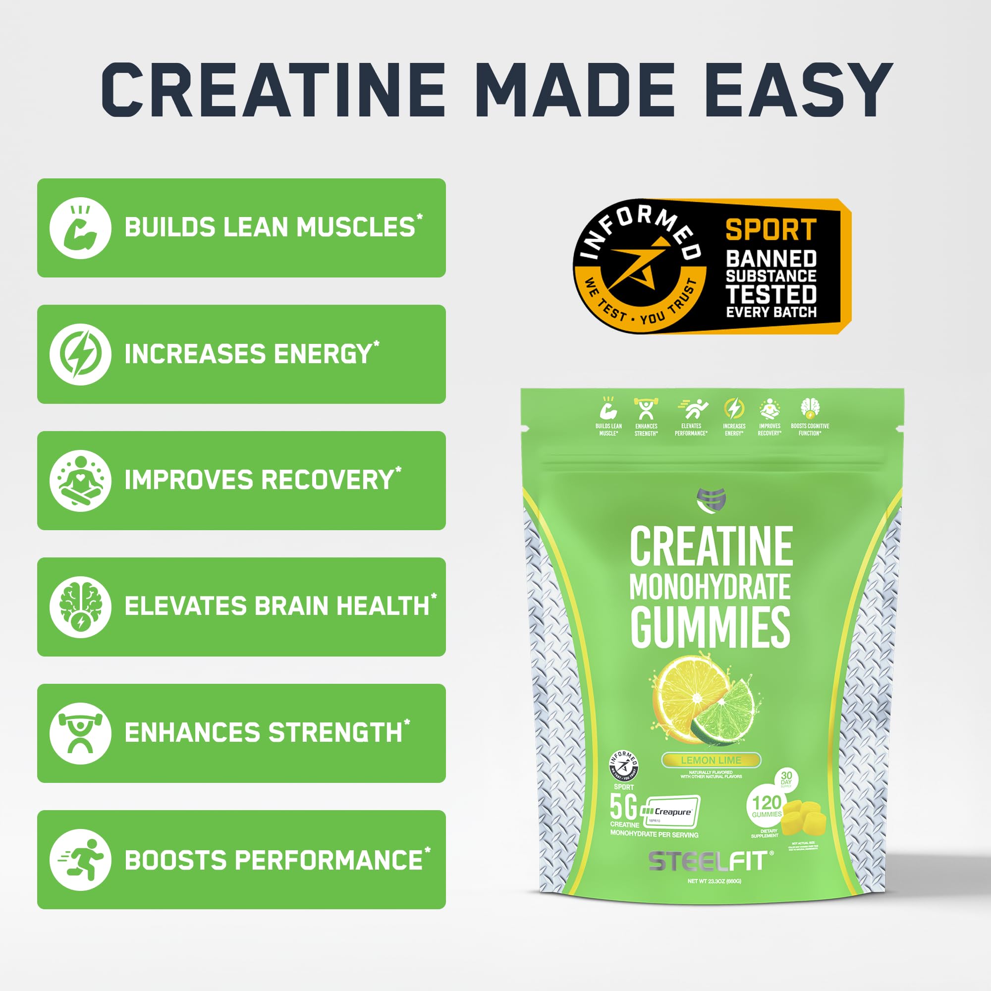 SteelFit Creapure Gummies pack shot highlights flavor and value for routine use.