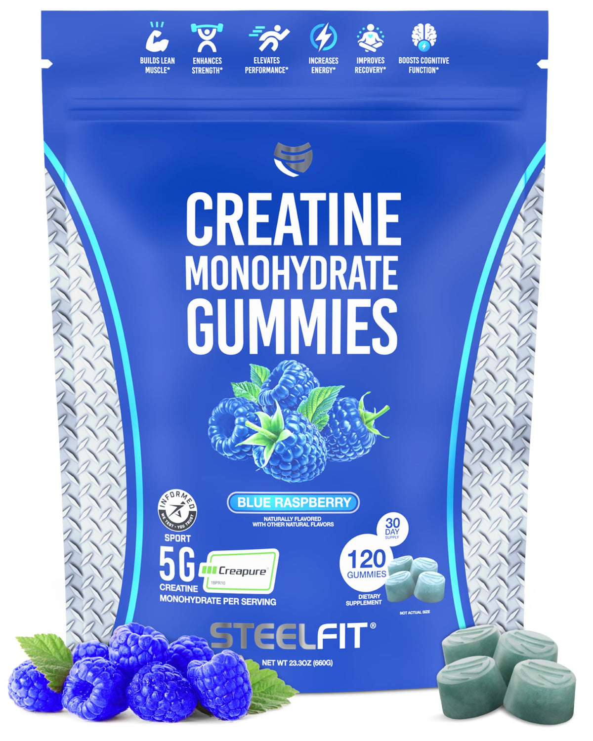 SteelFit Creapure Gummies bottle with blue raspberry flavor for convenient pre-workout fueling.