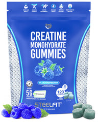 SteelFit Creapure Gummies bottle with blue raspberry flavor for convenient pre-workout fueling.