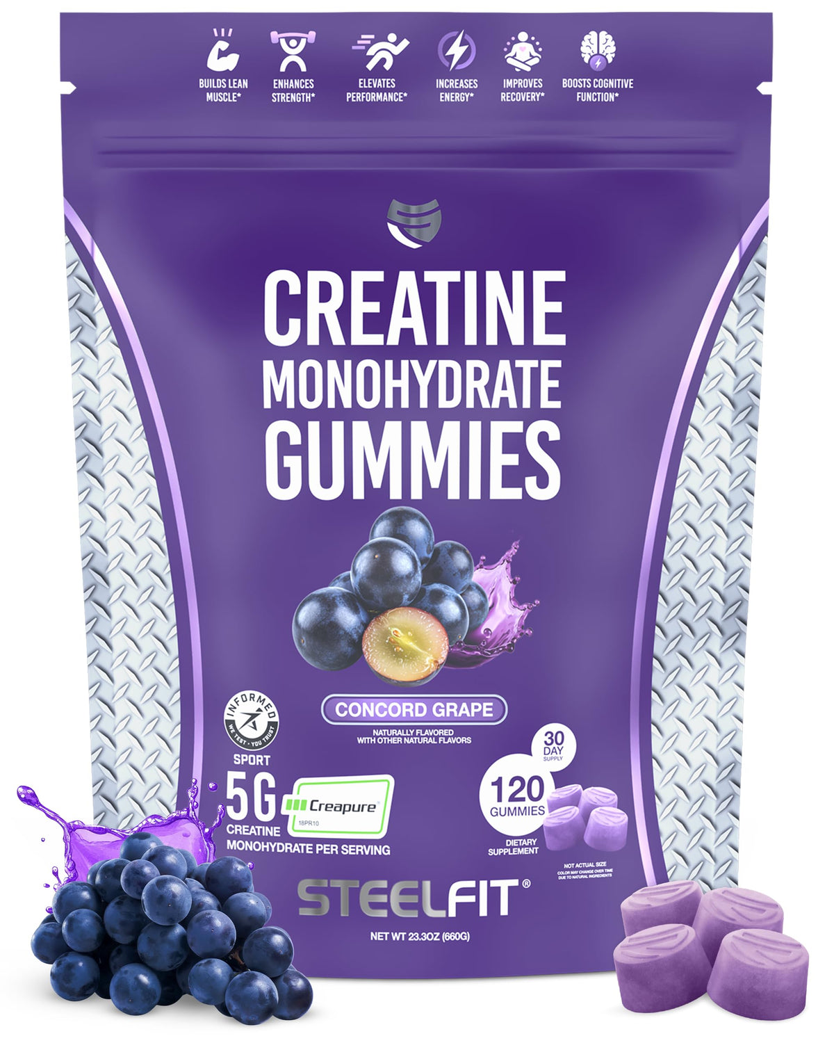 SteelFit Creapure Gummies bottle with Concord grape flavor for convenient training fueling.