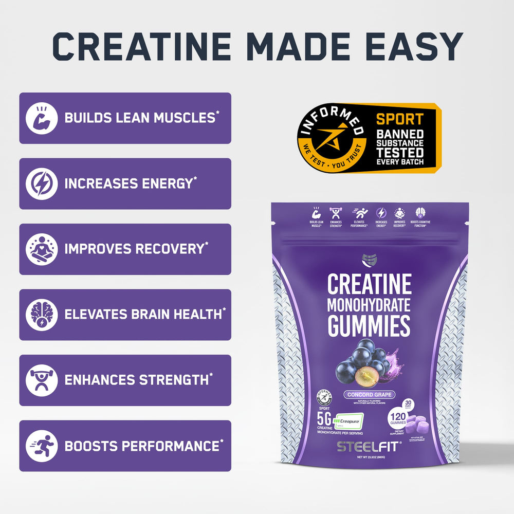 SteelFit Creapure Gummies serving suggestion for easy daily dosing.