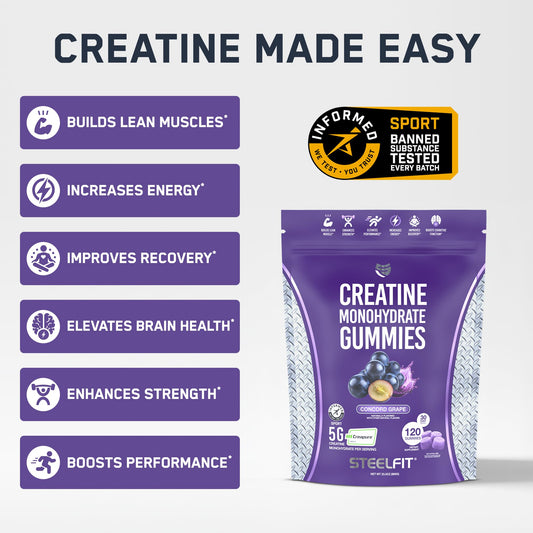 SteelFit Creapure Gummies serving suggestion for easy daily dosing.