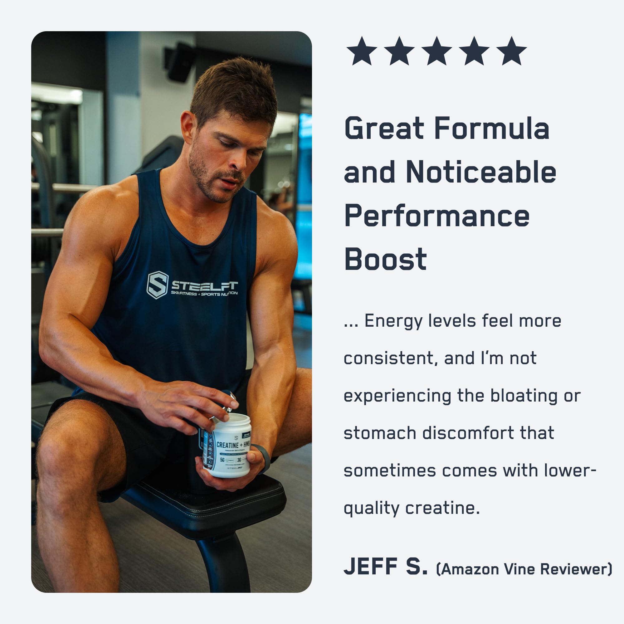 SteelFit Creatine HMB powder ingredients highlight 5g Creapure and 3g HMB.