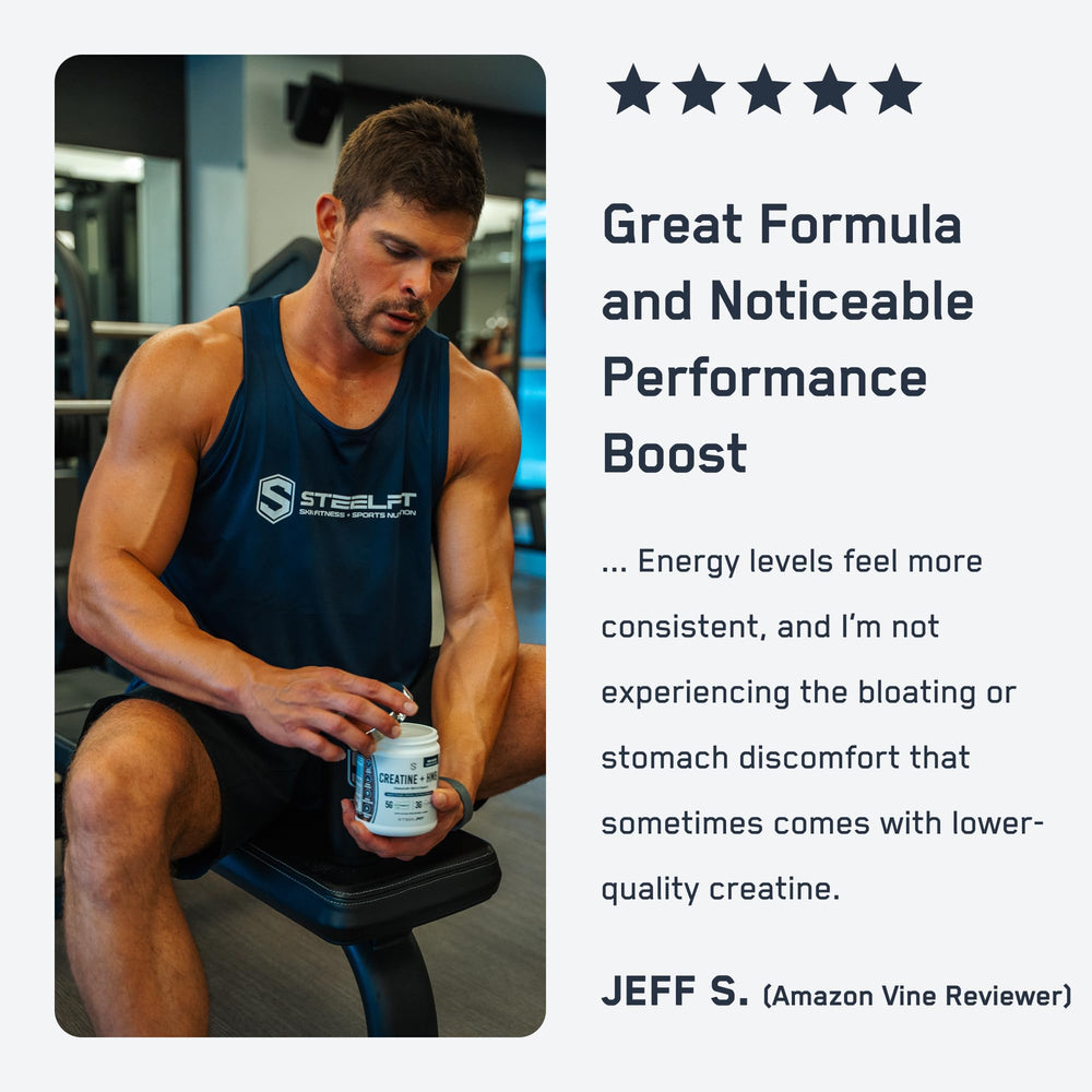 SteelFit Creatine HMB powder ingredients highlight 5g Creapure and 3g HMB.