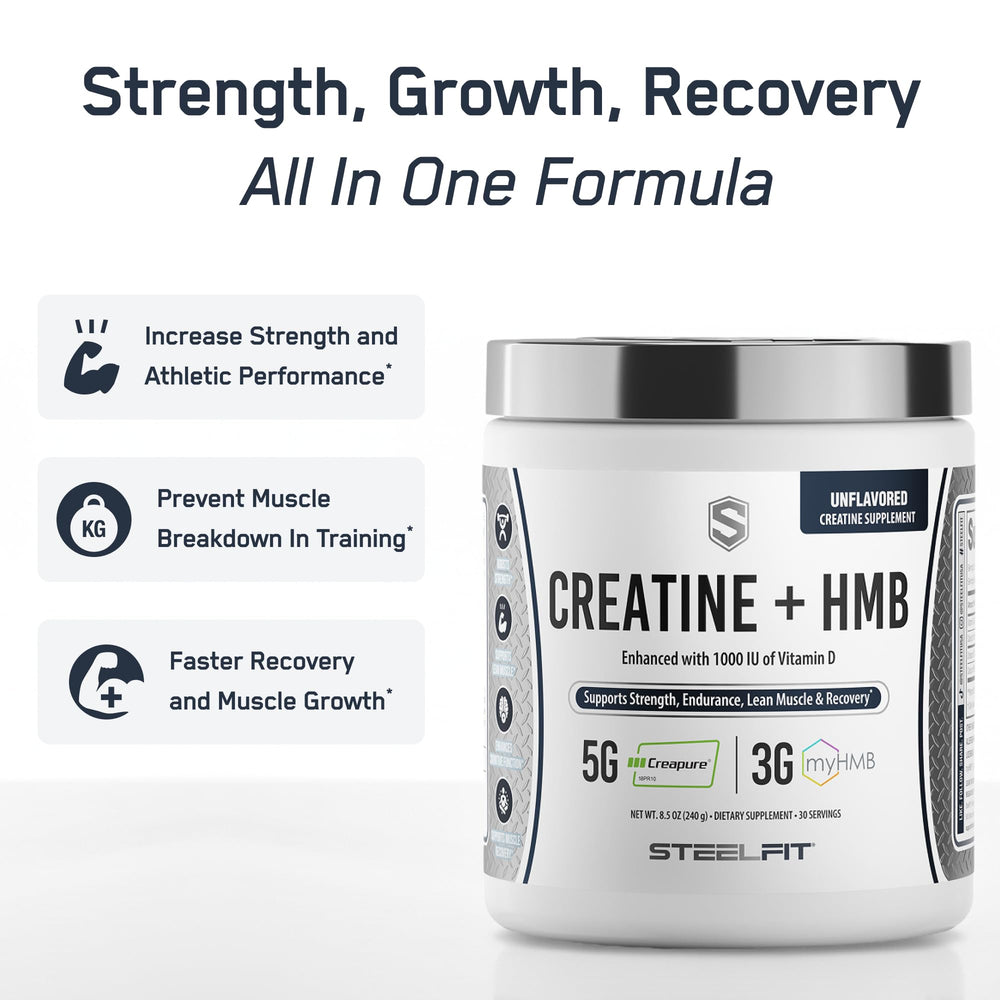 SteelFit Creatine HMB powder scoop demonstrates easy daily serving for consistent workouts.