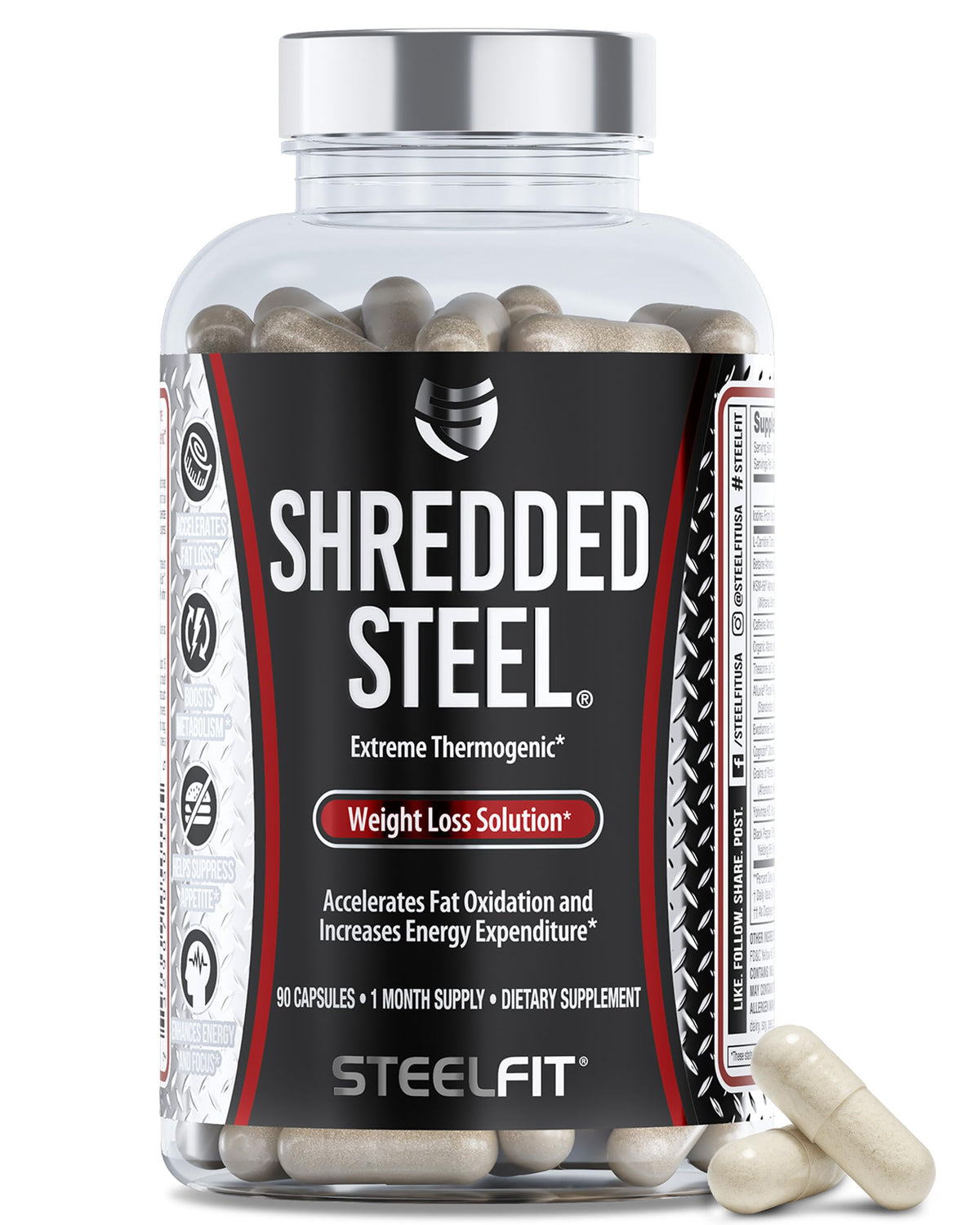 SteelFit Shredded Steel bottle with capsules for focused energy and appetite control.