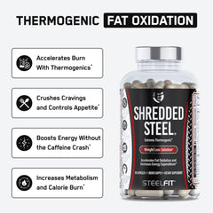 Close-up of Shredded Steel capsules highlighting dose and potency.