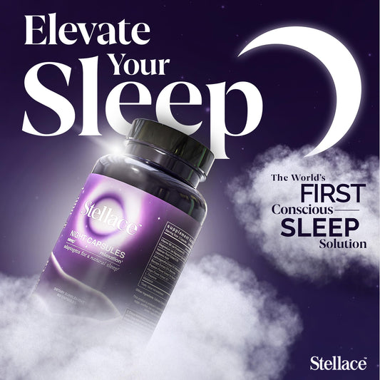 Stellace night capsules close-up with valerian root highlights natural relaxation.