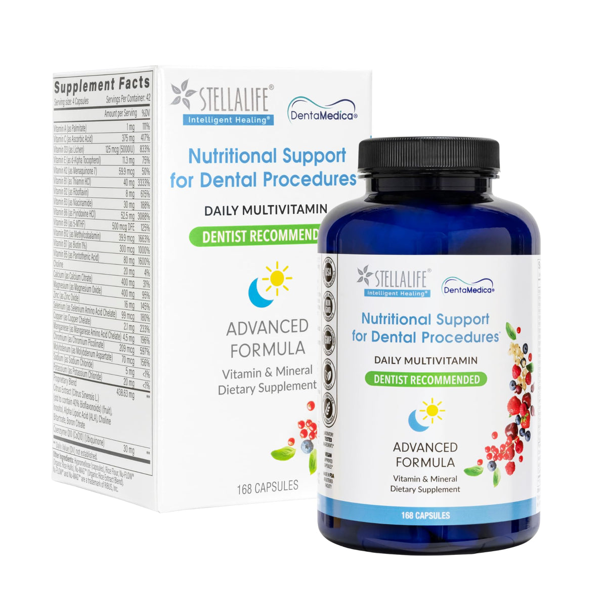 StellaLife DentaMedica bottle label highlighting vegan daily multivitamin for dental recovery