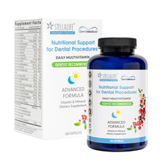 StellaLife DentaMedica bottle label highlighting vegan daily multivitamin for dental recovery