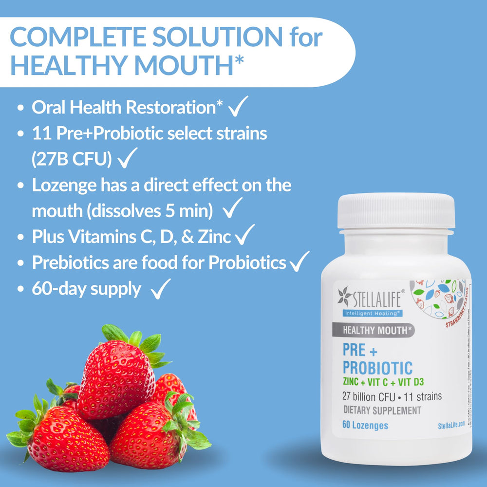 StellaLife probiotics lozenges packaging bottle on shelf for daily oral care