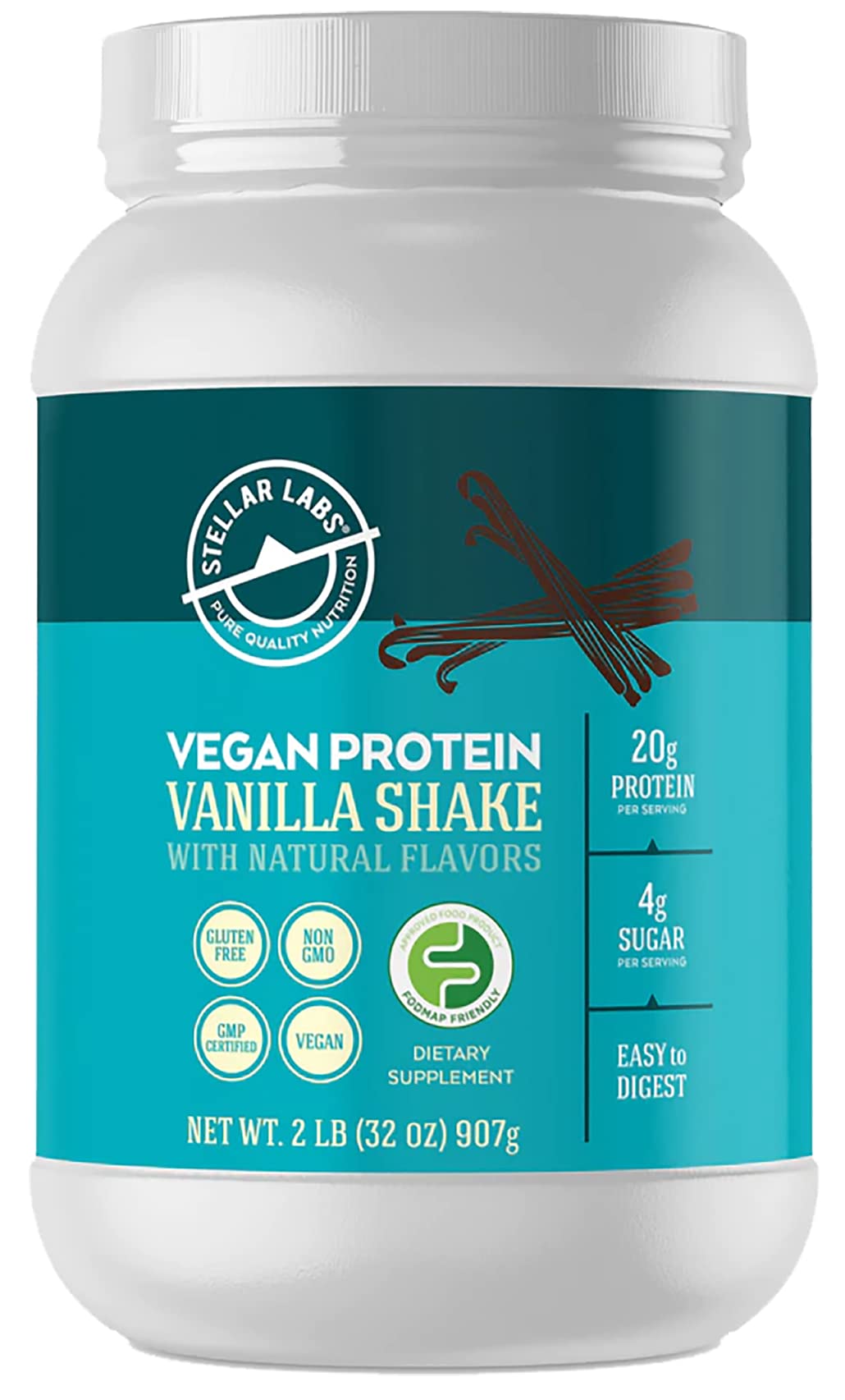 Stellar Labs vegan protein bottle with vanilla powder for a tasty post-workout shake.