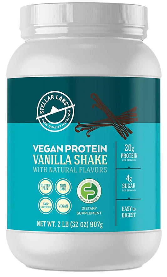 Stellar Labs vegan protein bottle with vanilla powder for a tasty post-workout shake.