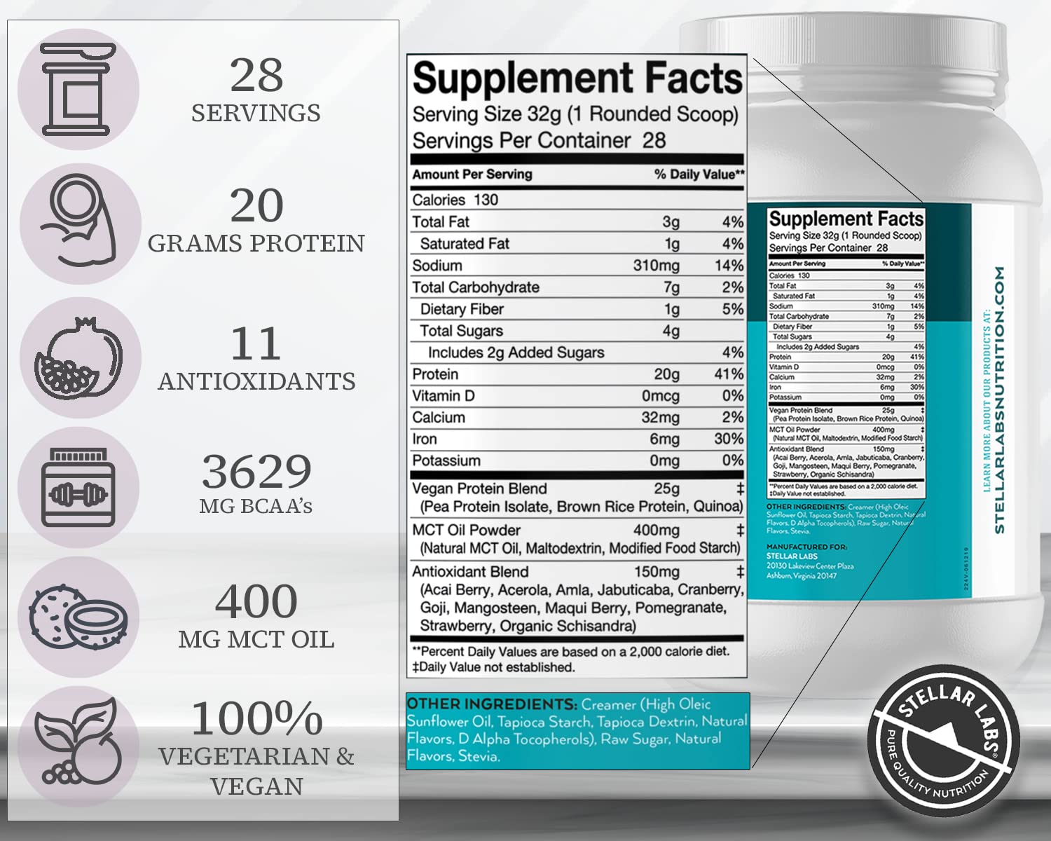Stellar Labs vegan protein scoop showing a measured serving for easy daily use.