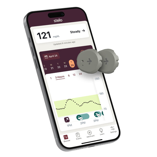Stelo glucose biosensor on arm with real-time readings